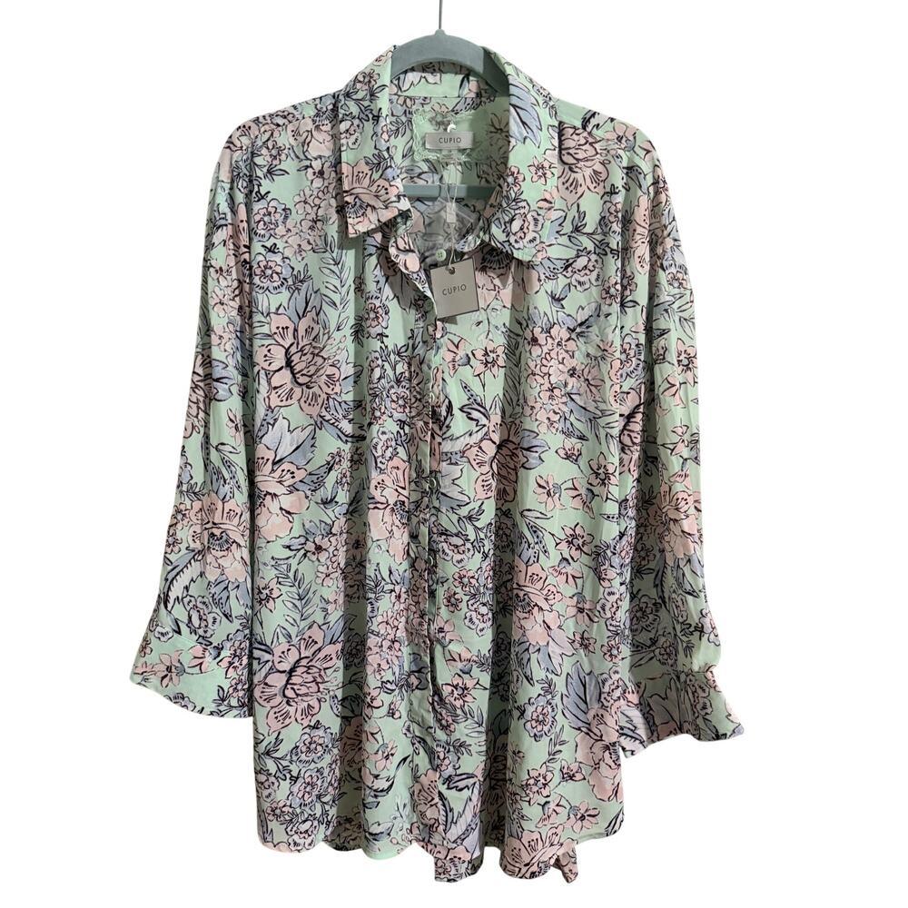 Women's Plus Size Cupio 2X Mint Green Floral Button Front Tunic Blouse NWT